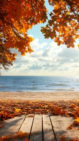 Golden autumn leaves frame a tranquil lakeside shore.