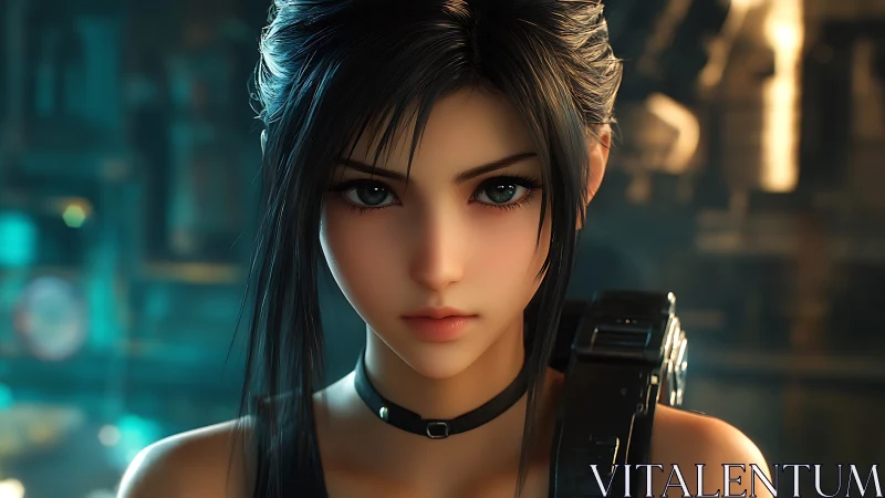 Close frontal portrait of armed digital female character.