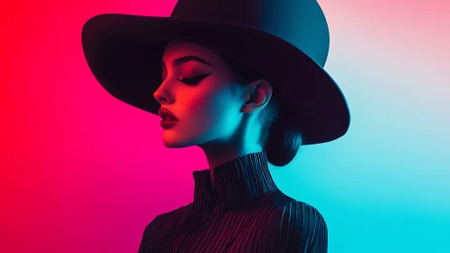 Elegant profile in soft neon light and timeless black hat.