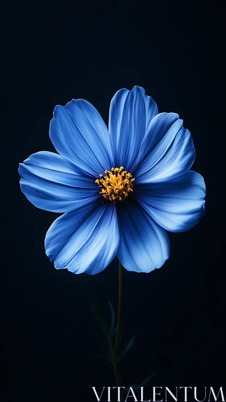 Vibrant Blue Cosmos Flower with Golden Center Against Dark Background.