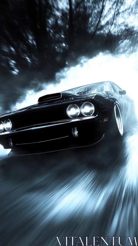 Muscle car drifts through mist on rain slicked forest road.