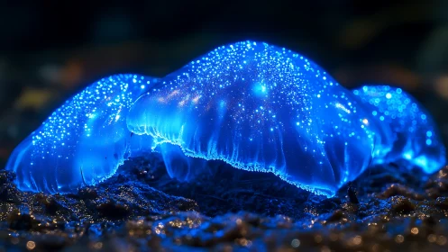 Glowing blue forest mushrooms shining like tiny night skies.