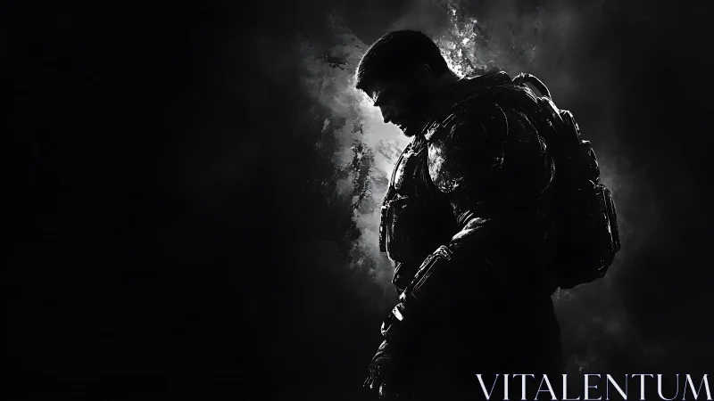 Brooding space marine eclipsed by stormlit cosmic shadow.