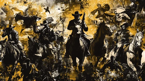 Cowboys on horseback charge through chaotic western battle
