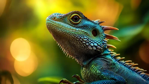 Iridescent lizard portrait captures sharp scales and warm bokeh