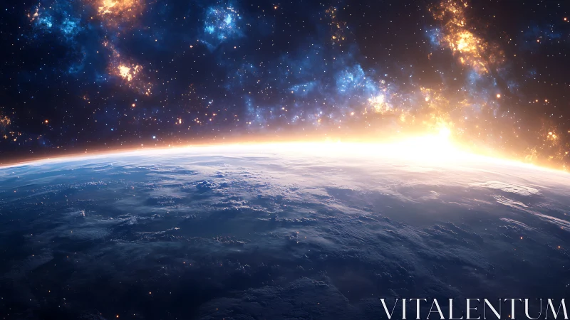 Planetary horizon with sunrise and dense stellar field view.