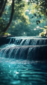 Silken forest cascade glows in turquoise morning hush.