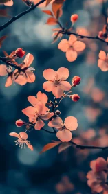 Coral blossoms ignite through twilight mist and shadow