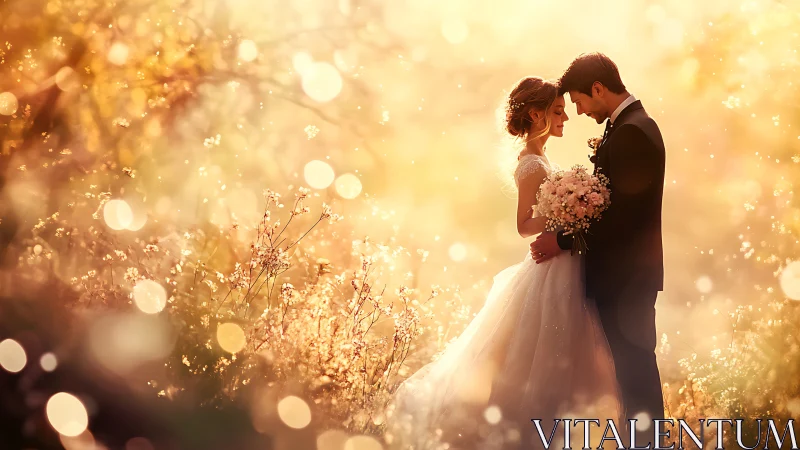 Golden-hour garden wedding kiss wrapped in soft sparkles.
