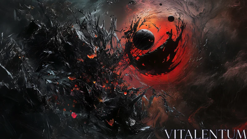 Shattered cosmic sphere erupts amid swirling crimson void