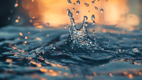 Water droplet splash erupts in warm reflective light.