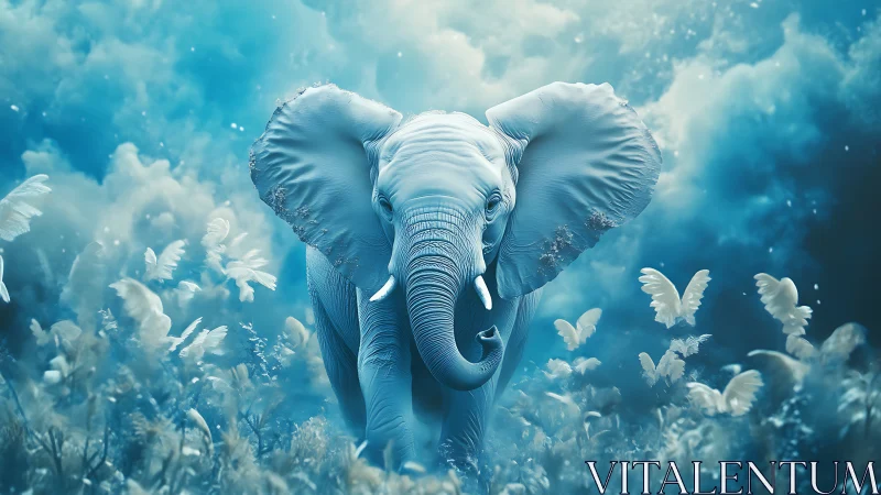 Blue ethereal elephant strides through luminous misty field