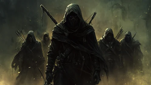 Hooded armed figures advancing through smoky landscape.