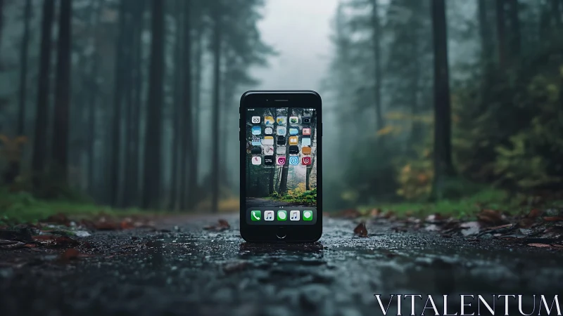 Smartphone standing on wet forest road in misty low light.