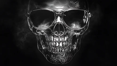 Chrome skull portrait with reflective aviator sunglasses.