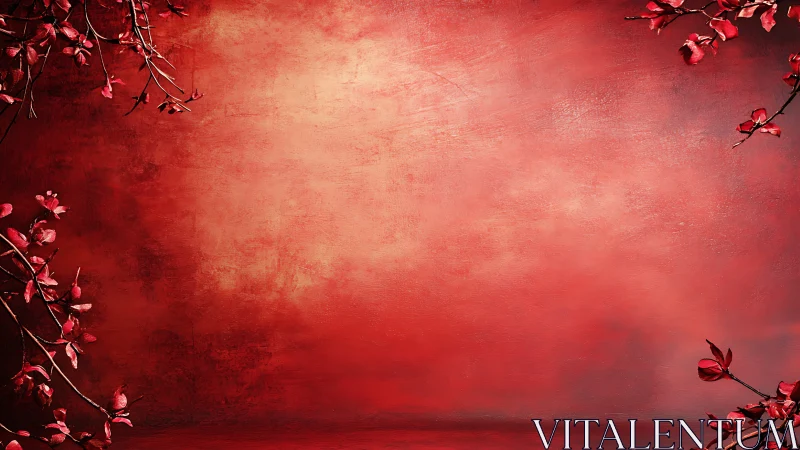 Red textured backdrop with sparse floral branches framing space