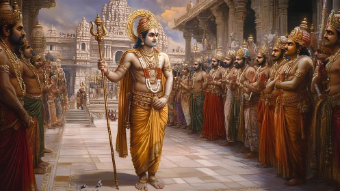 Radiant temple monarch strides through a golden court of kings.