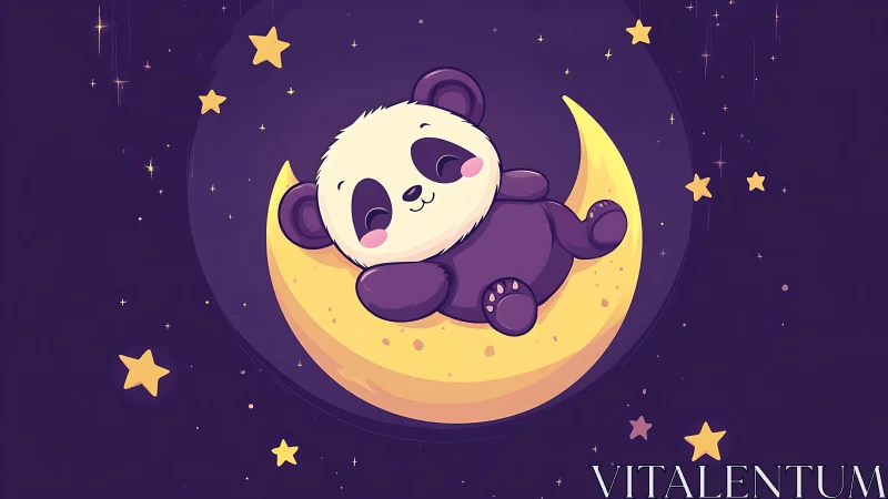 Sleeping panda on crescent moon in stylized night sky.