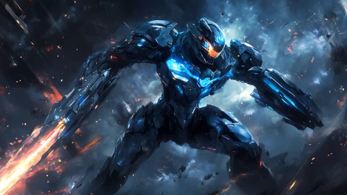Heroic armored mech strides through a blazing cosmic battlefield