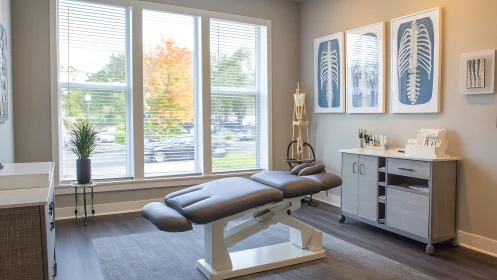 Modern chiropractic treatment room with large window lighting.