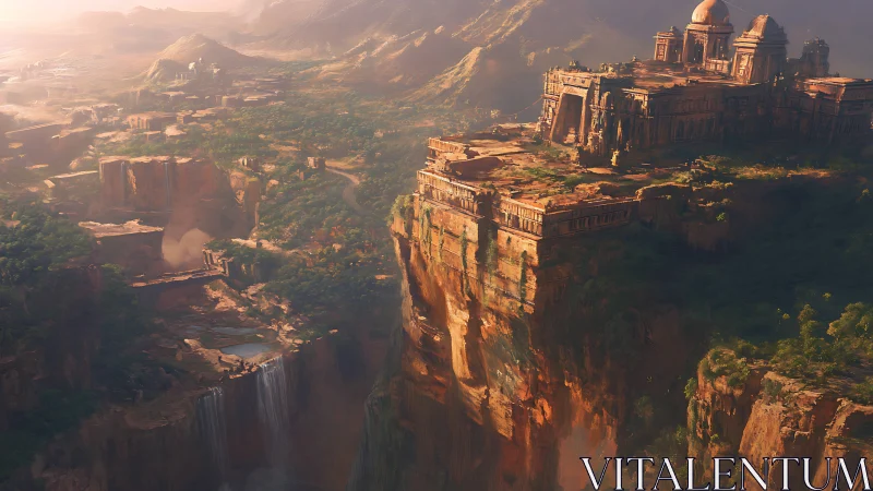 Epic cliffside citadel in panoramic fantasy environment design.