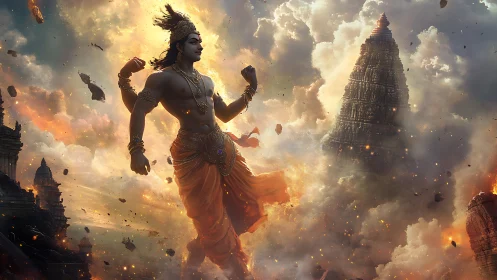 Mythic warrior strides through clouds and ruined temples.