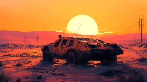 Armored rover pauses in blazing post-apocalyptic sunset.