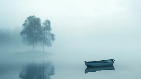 Lonely rowboat drifts toward whispering trees in pale fog