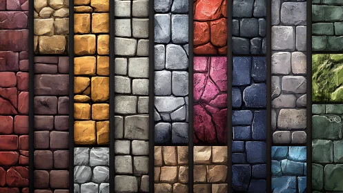 Vertical grid of multicolored stone block panels in rows.