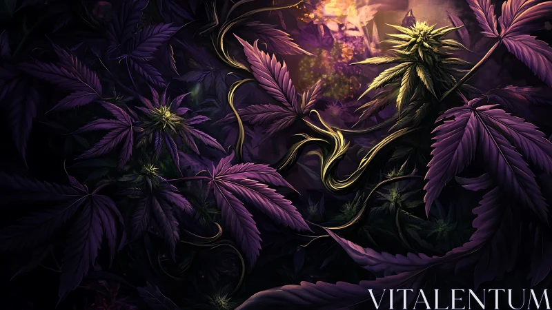 Midnight garden glow with vivid violet and golden leaves.