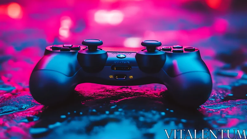 Gaming controller bathed in neon cyan-magenta luminescence and volumetric fog effects