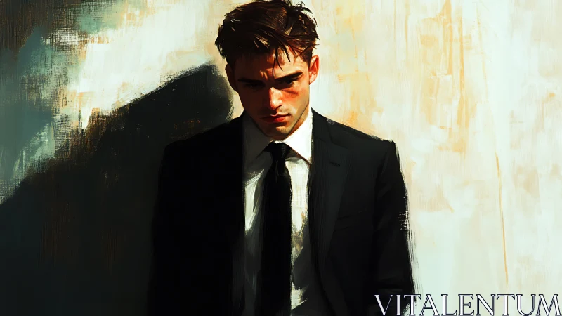 Melancholic man in suit rendered with dramatic painterly lighting