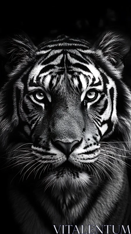 Monochrome frontal tiger portrait with high contrast lighting