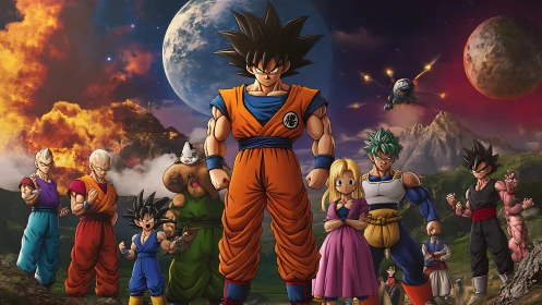 Heroic anime team gathers under fiery cosmic skies.