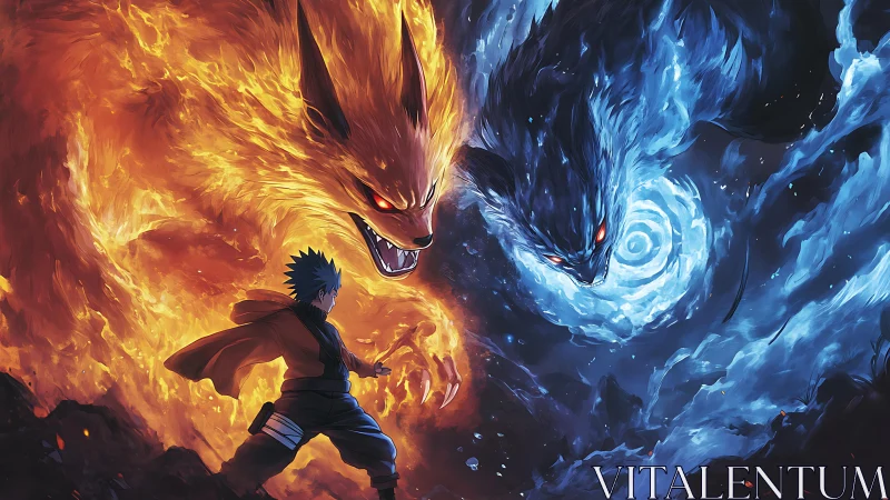 Elemental fox titans flanking ninja in polarized flame vortex.