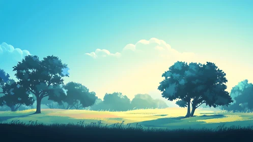 Sunlit meadow trees rendered in soft atmospheric digital gradients