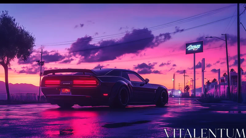 Muscle car on neon-soaked sunset boulevard street scene.