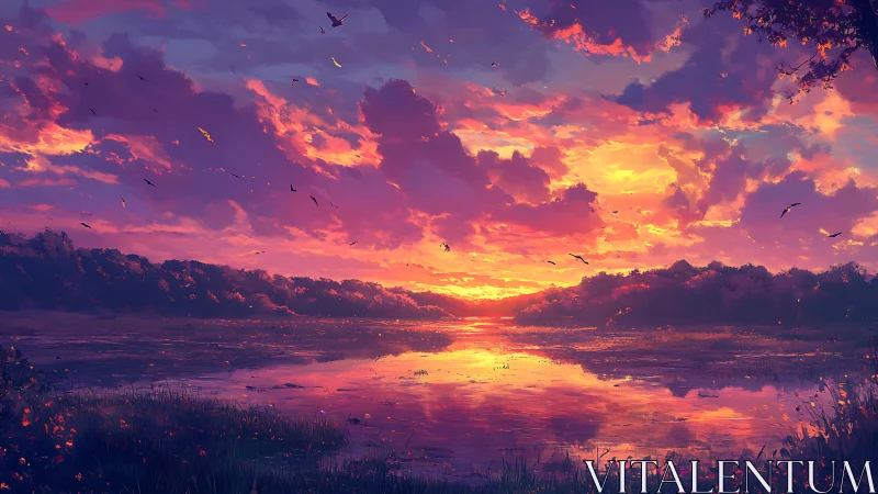 Digital painting sunset over reflective lake with vivid clouds.