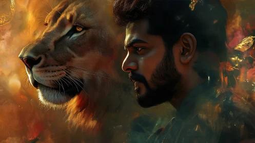 Lionhearted gaze beside a man forged in embered dusk.