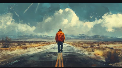 Solitary figure advances along wet desert highway under clouds