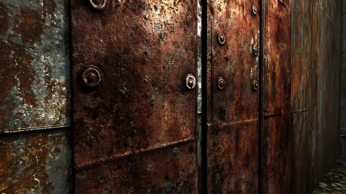 Heavily rusted metal wall panels with corroded rivets.