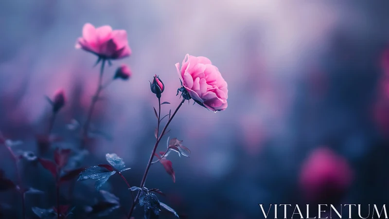 Moonlit rose duet in dreamy cobalt twilight garden.