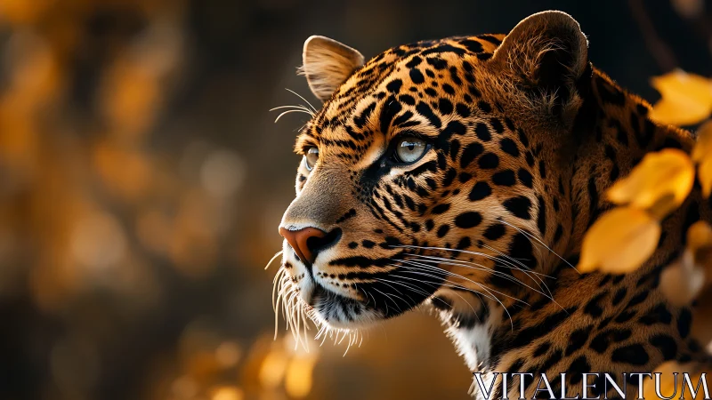 Side profile of spotted big cat in warm forest light.