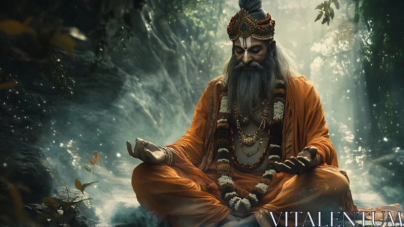Hermit figure in orange robes meditating in forest light.