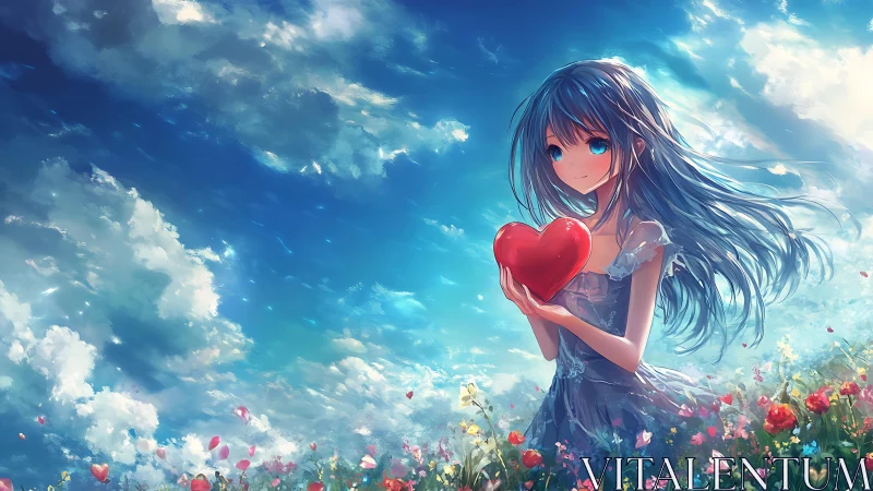 Girl holds red heart object in stylized floral landscape