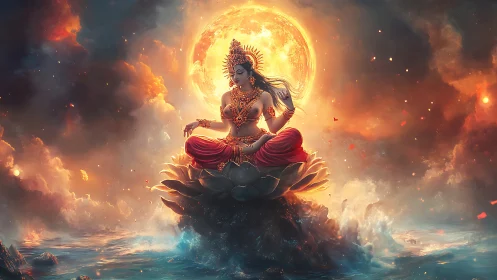 Goddess in lotus meditation glows beneath an ethereal moon