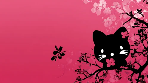 Silhouetted Feline Figure Rendered Against Vibrant Magenta Botanical Composition