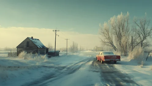Red vintage car on icy rural road beside frost-covered farmhouse