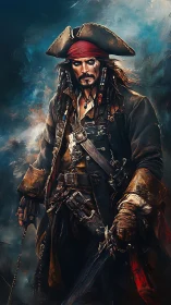 Weathered pirate captain grips sword amid storm haze