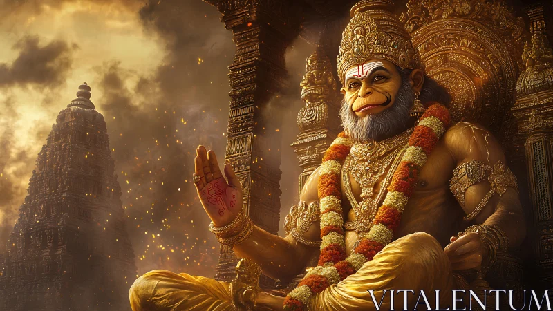 Digital depiction of Hanuman seated before ornate temple.
